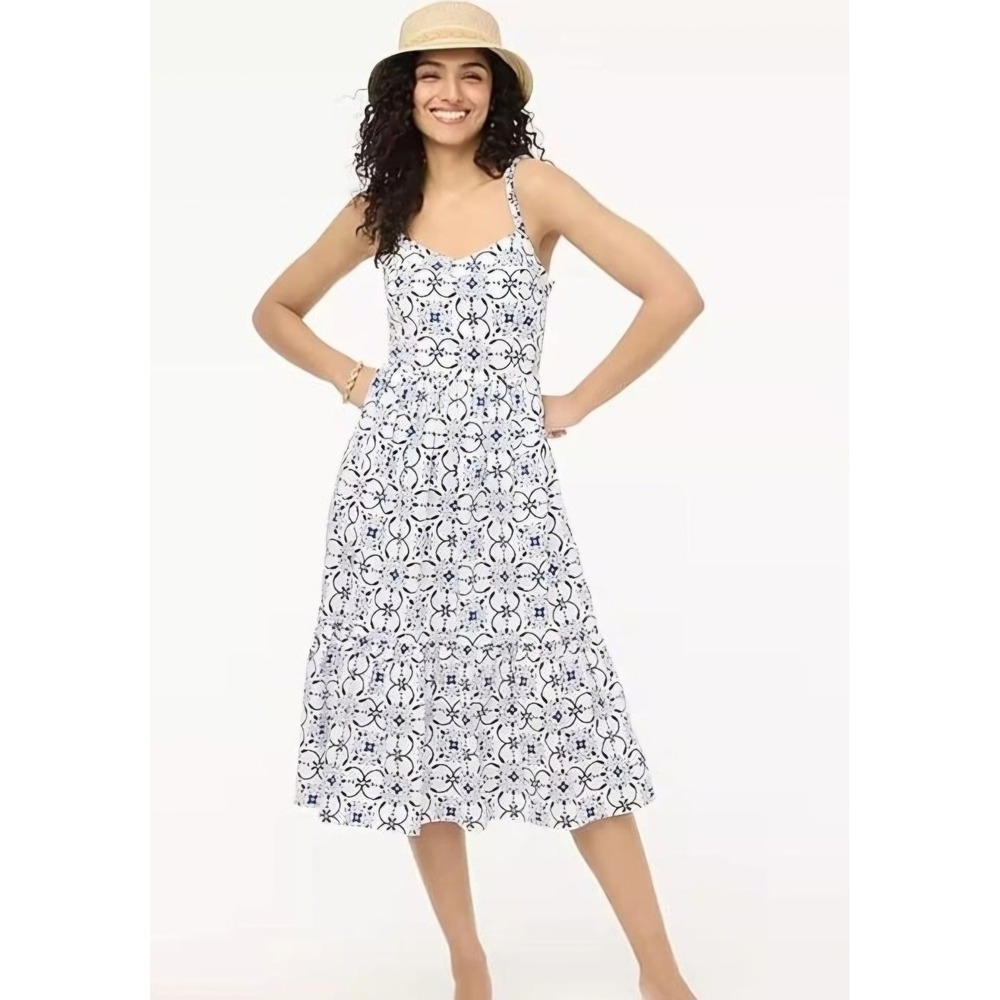 J.Crew Cotton Mediterranean Floral Cottagecore Boho Corsetstyle Midi Dress sz 10